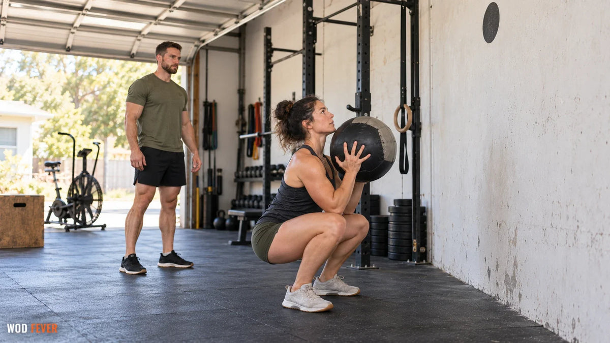 Athlete squatting with a medicine ball before a wall-ball throw for Karen in a bright garage gym.