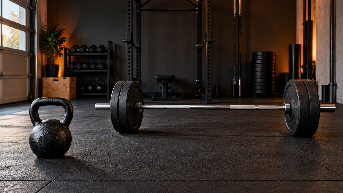 Kettlebell and loaded Olympic barbell compared in a garage gym