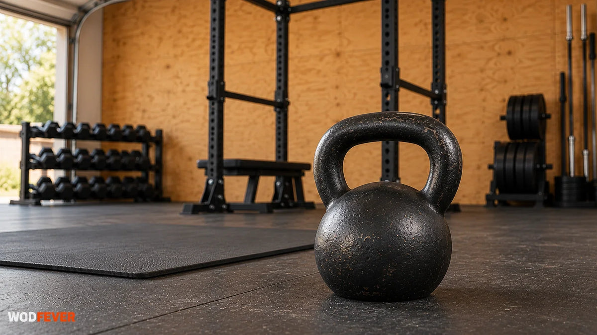 Black cast-iron kettlebell beside an exercise mat in a garage gym.