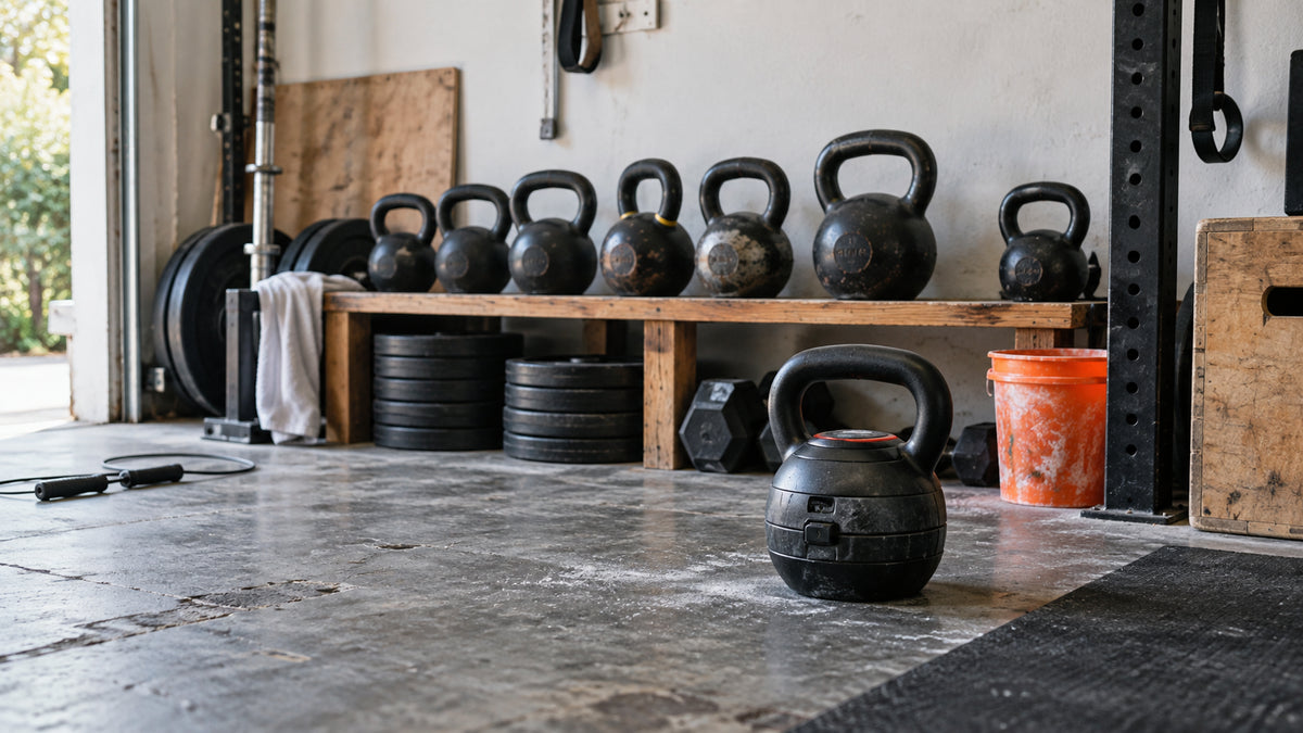 Cast iron and adjustable kettlebells in a realistic garage gym