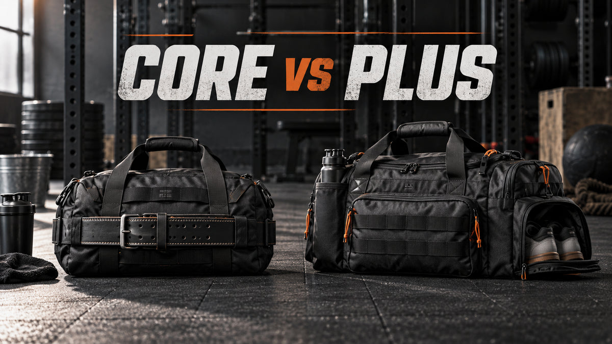 KNKG CORE versus PLUS gym duffel comparison with lifting belt and shoe storage