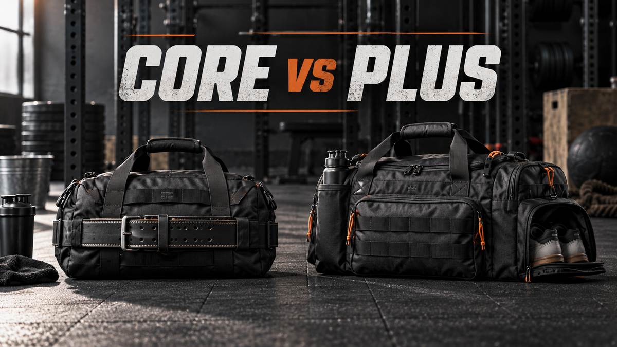 KNKG CORE versus PLUS gym duffel comparison with lifting belt and shoe storage