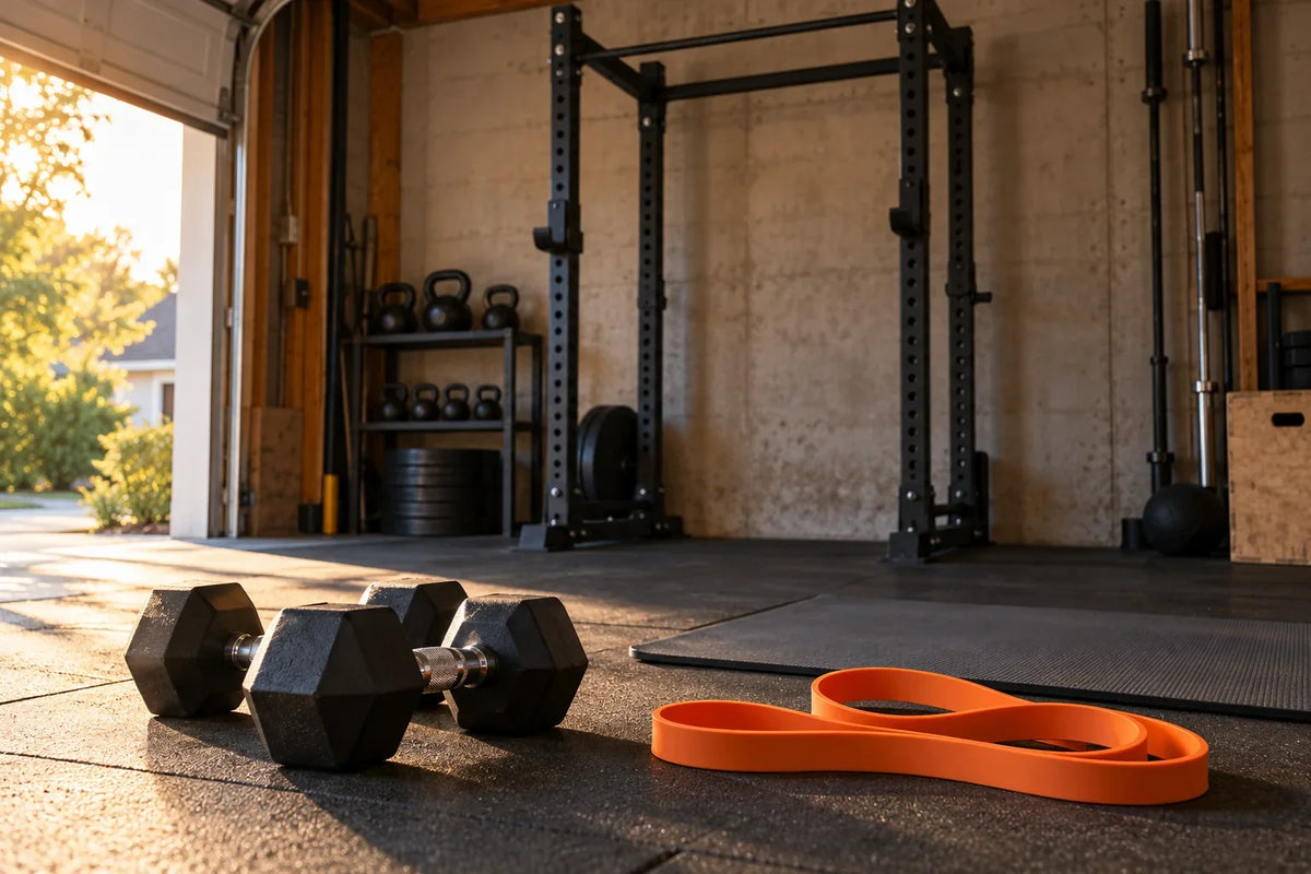 Dumbbells and an orange resistance band in a garage gym with a pull-up rack.