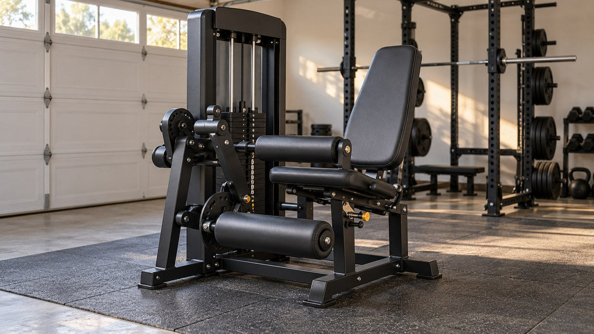 Illustrative leg extension and curl machine in a naturally lit garage gym