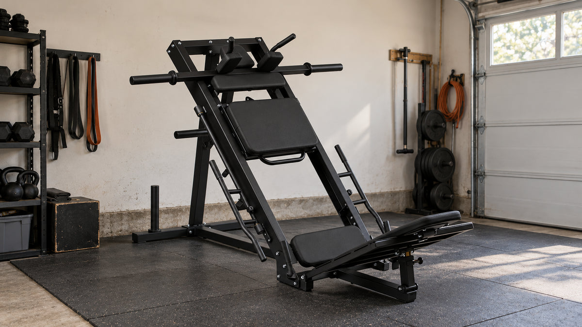 Leg press and hack squat combination machine in a naturally lit garage gym