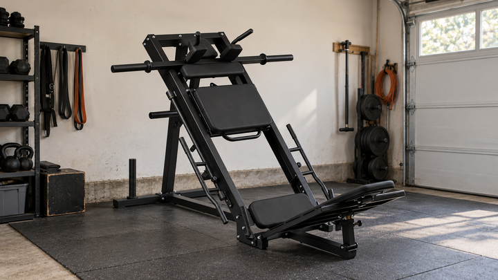 Leg press and hack squat combination machine in a naturally lit garage gym