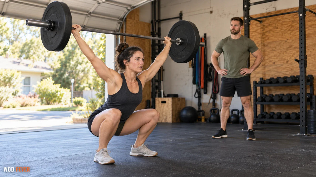 Athlete performing a barbell overhead squat for Nancy in a bright garage gym.