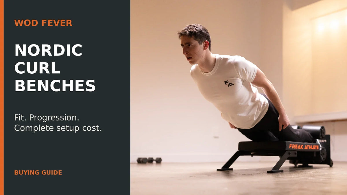 Manufacturer photo of an athlete using the Freak Athlete Nordic Mini Pro, with WOD Fever buying guide title