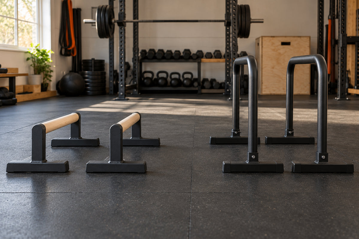 Low and taller parallettes arranged in a garage gym; equipment illustration