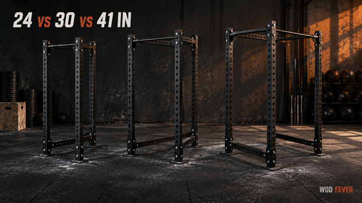 Three power racks illustrating 24-inch, 30-inch and 41-inch depth options.