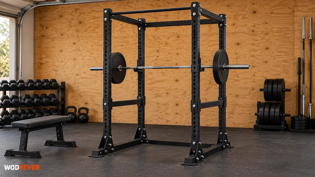 Four-post power rack with a barbell, safety rails and nearby bench in a garage gym.