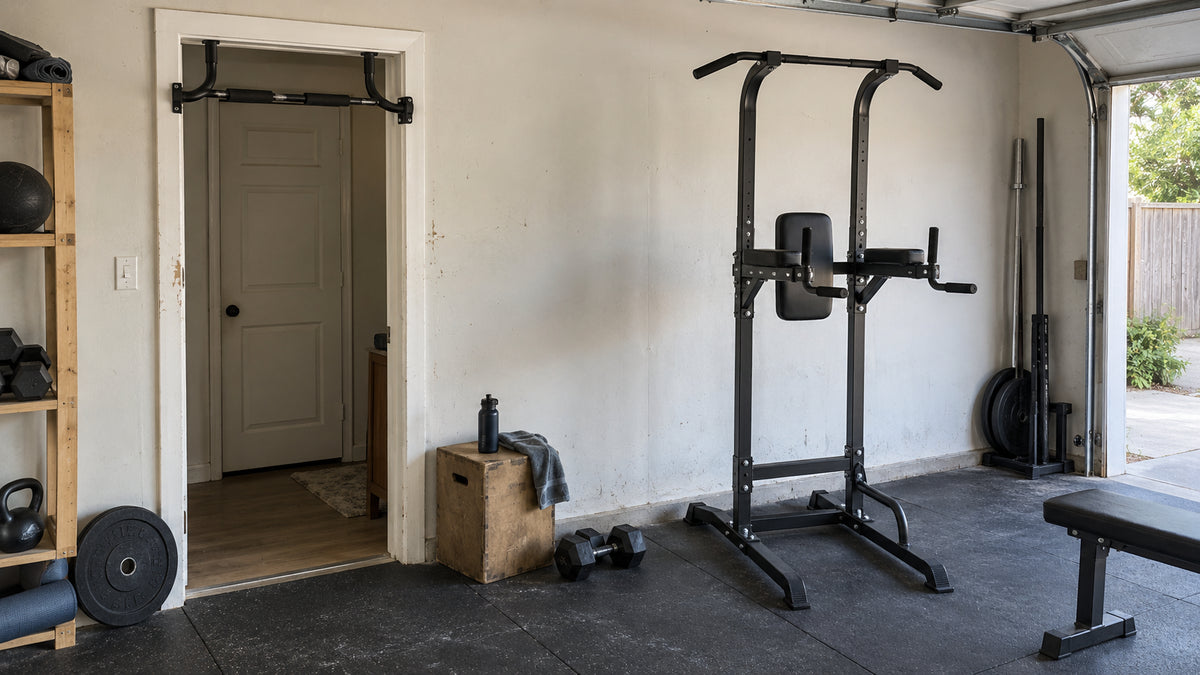 Doorway pull-up bar and freestanding power tower in a garage gym