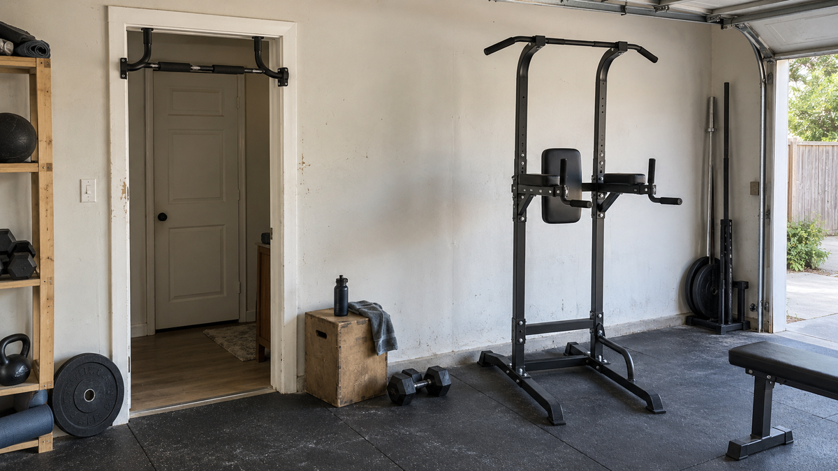 Doorway pull-up bar and freestanding power tower in a garage gym