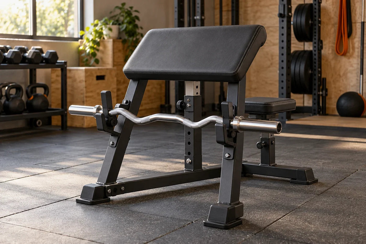 Standalone preacher curl bench with unloaded EZ bar; equipment illustration