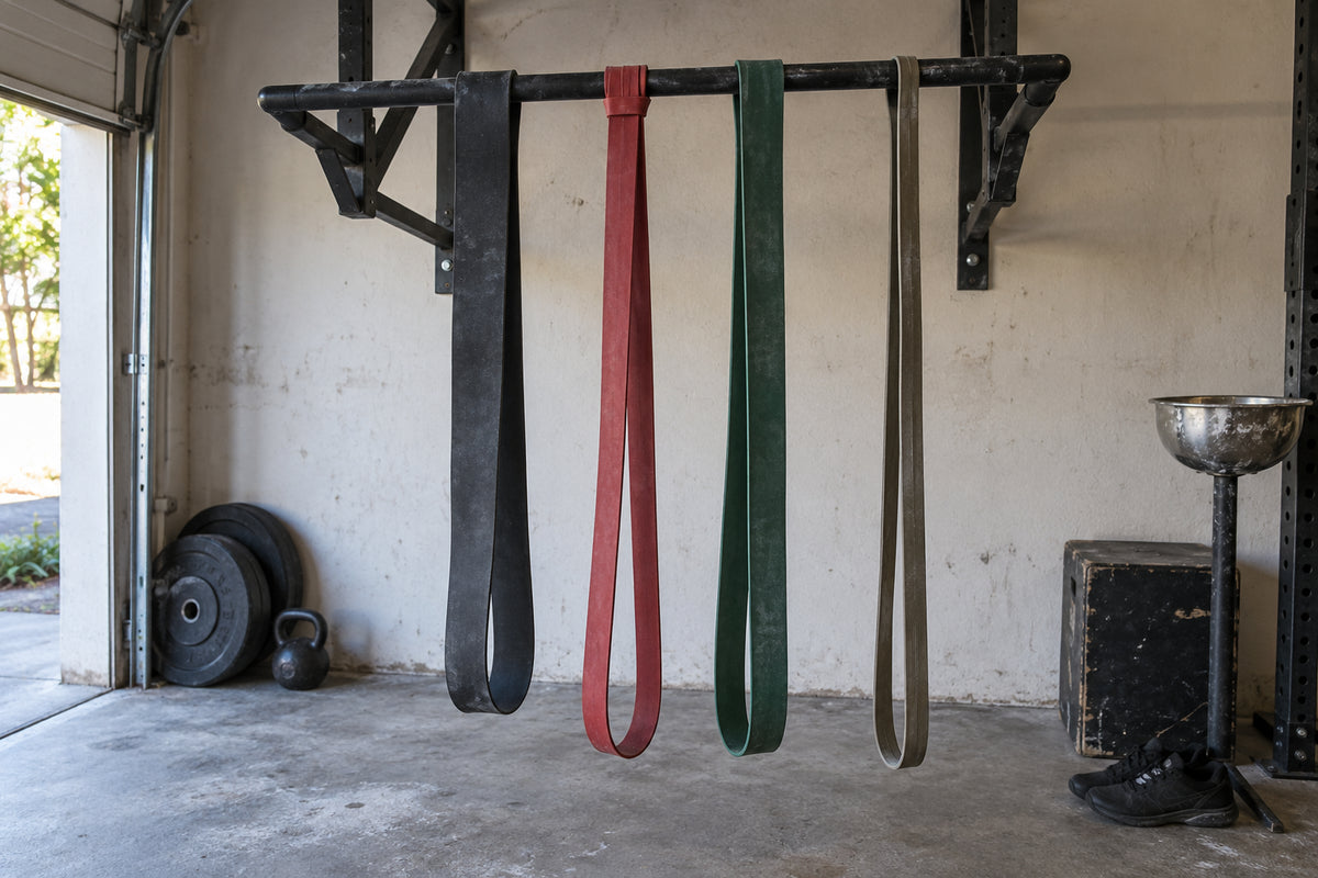 Long loop pull-up assistance bands hanging from a garage gym pull-up bar