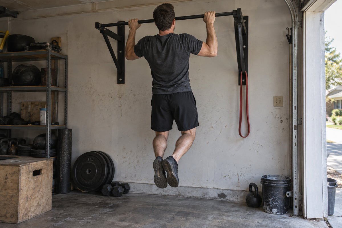 Athlete performing a strict pull-up on a wall-mounted bar in a garage gym