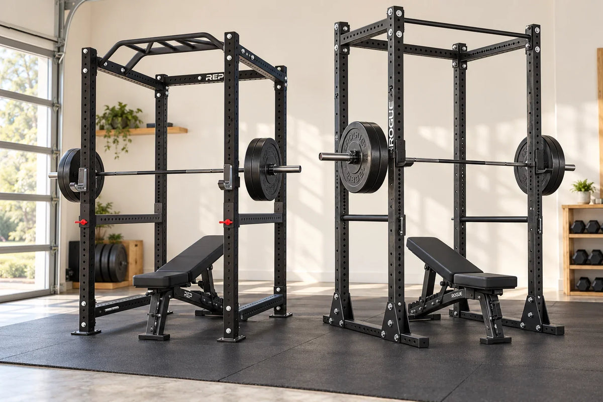 Illustrative side-by-side REP bolt-down and Rogue flat-foot rack layouts in a bright home garage