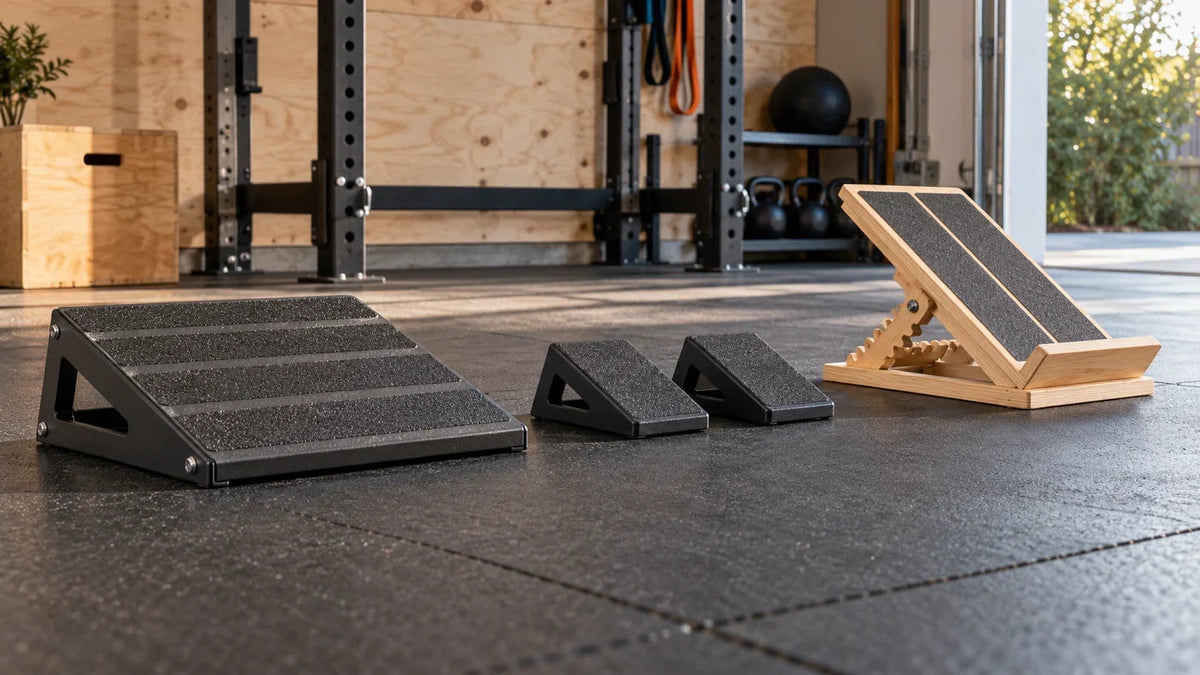 Squat wedge, separate heel wedges and adjustable stretching board; equipment illustration