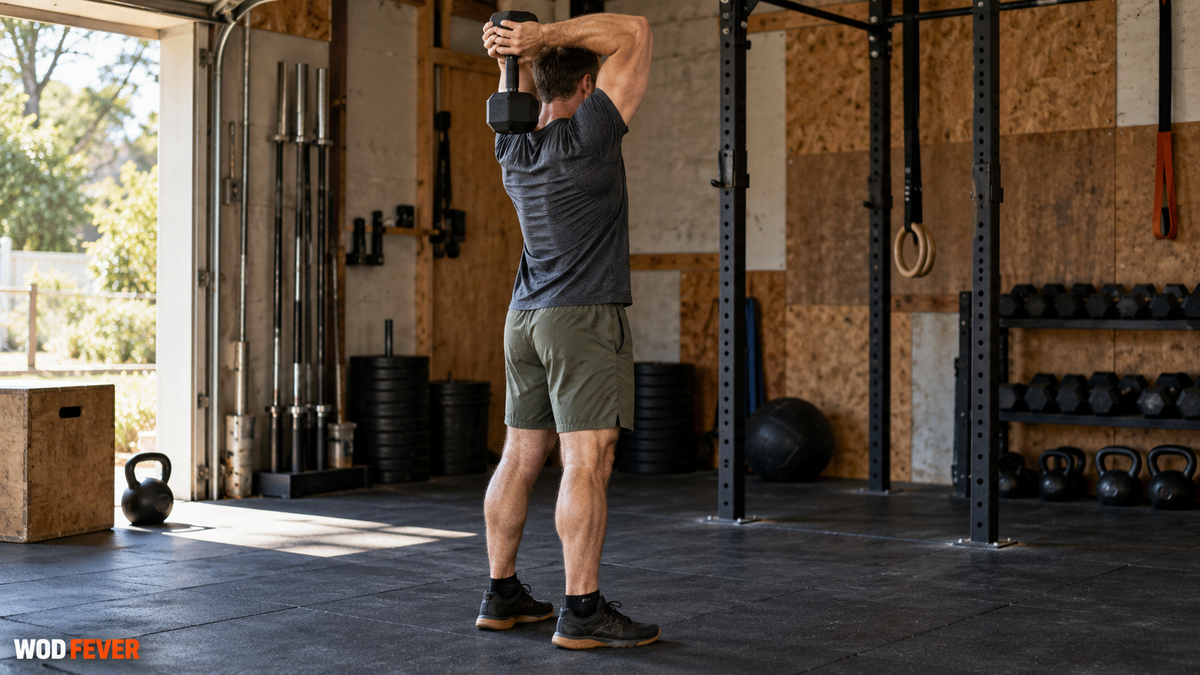 Athlete performing a standing two-hand overhead dumbbell triceps extension in a garage without a bench.