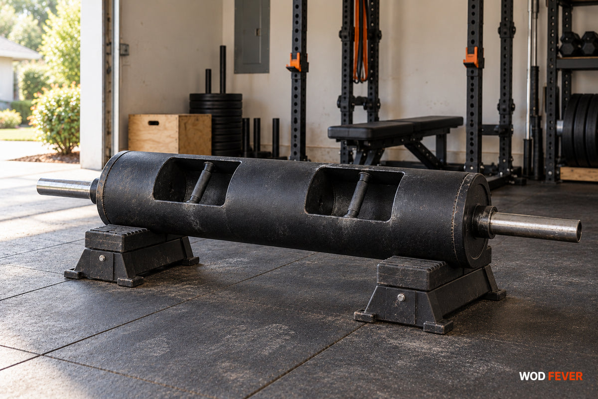 A black strongman log with two recessed neutral handles resting on padded cradles