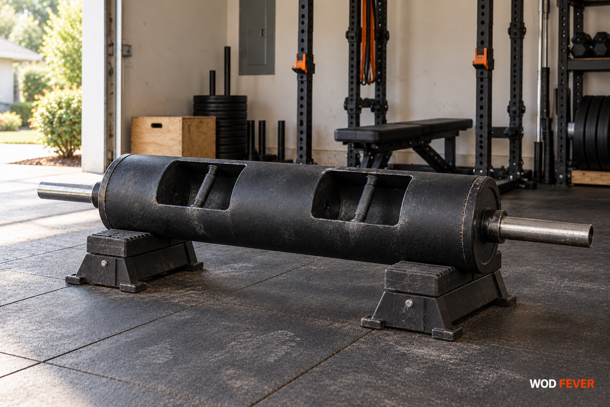 A black strongman log with two recessed neutral handles resting on padded cradles