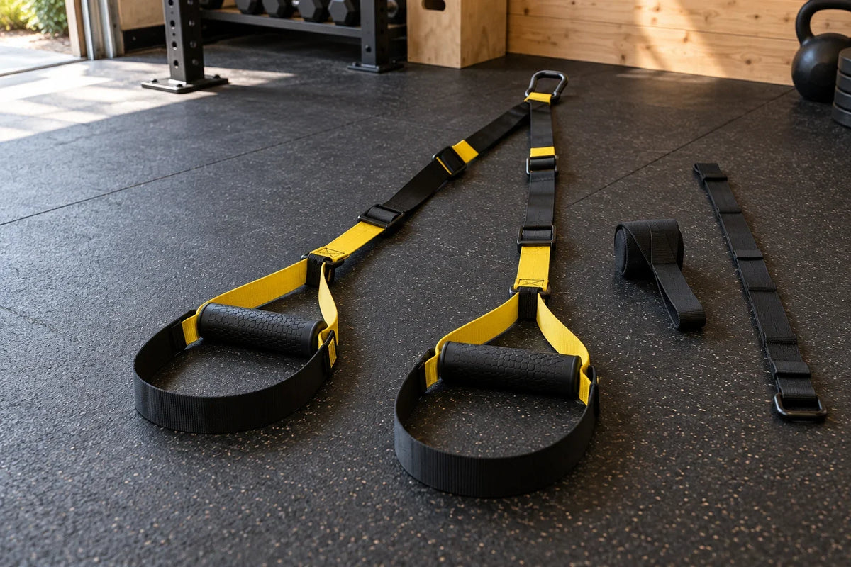 Suspension straps, handles, foot cradles and separate anchor components; equipment illustration