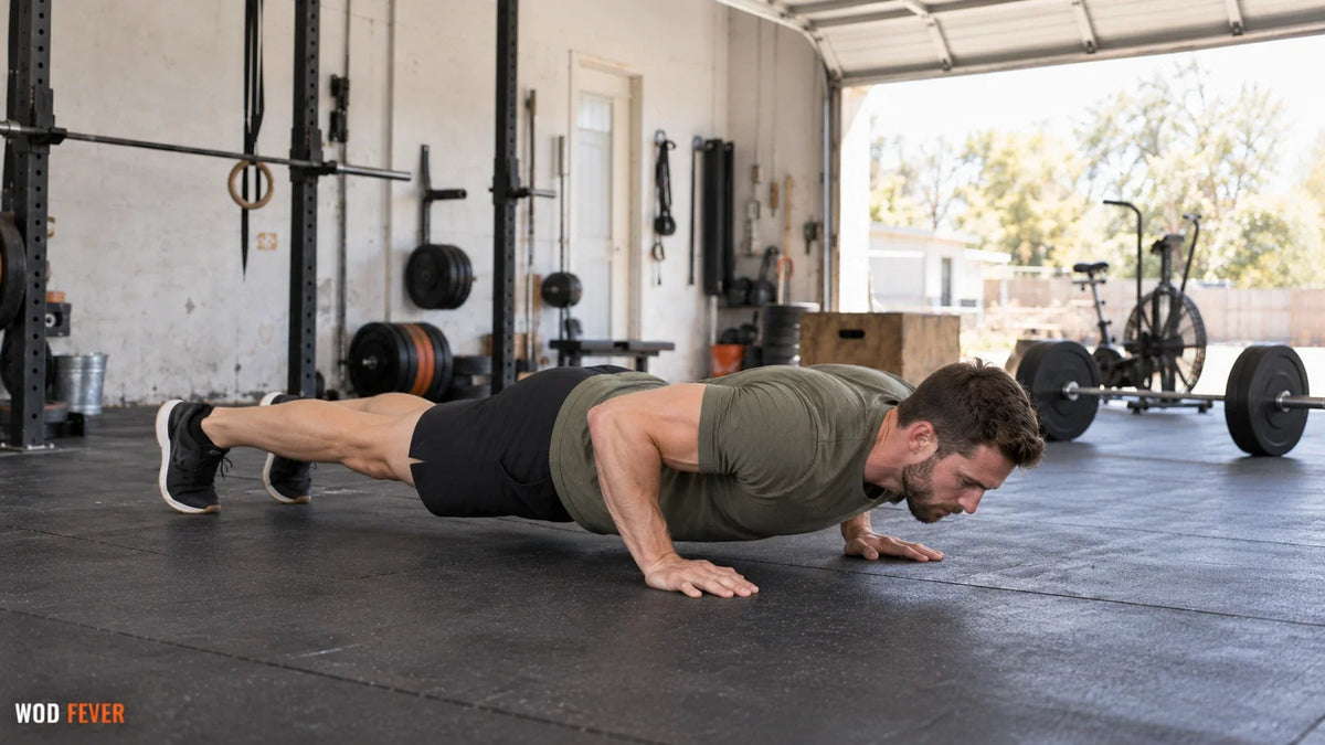 Athlete lowering into a floor push-up for The Chief in a bright garage gym.