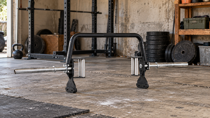 Open trap bar on a worn concrete floor in a garage gym with a squat rack and weight plates.