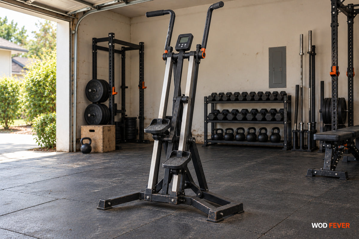 A freestanding vertical climber with sliding pedals and elevated handles in a garage gym