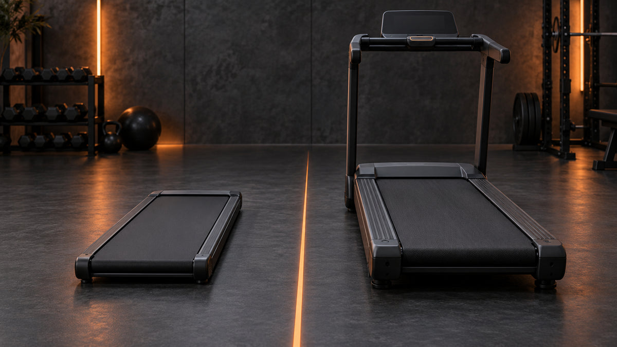 Walking pad and full treadmill compared on a dark orange-accented backdrop