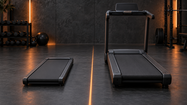 Walking pad and full treadmill compared on a dark orange-accented backdrop