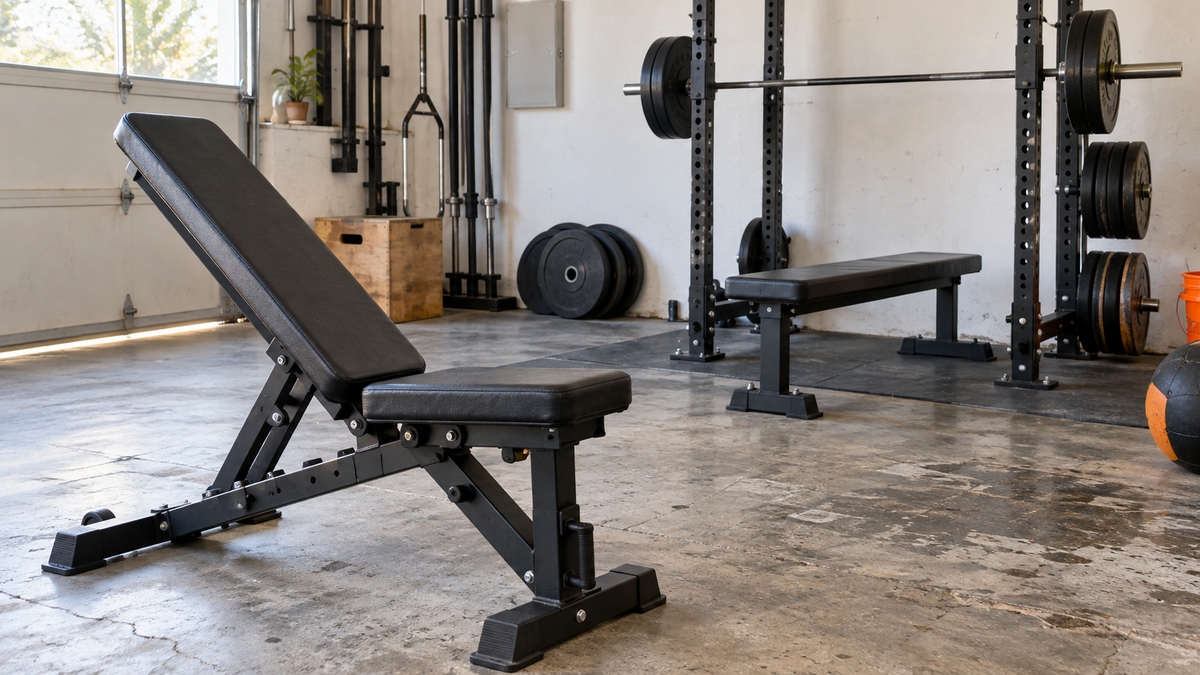 Adjustable and flat weight benches in a realistic garage gym