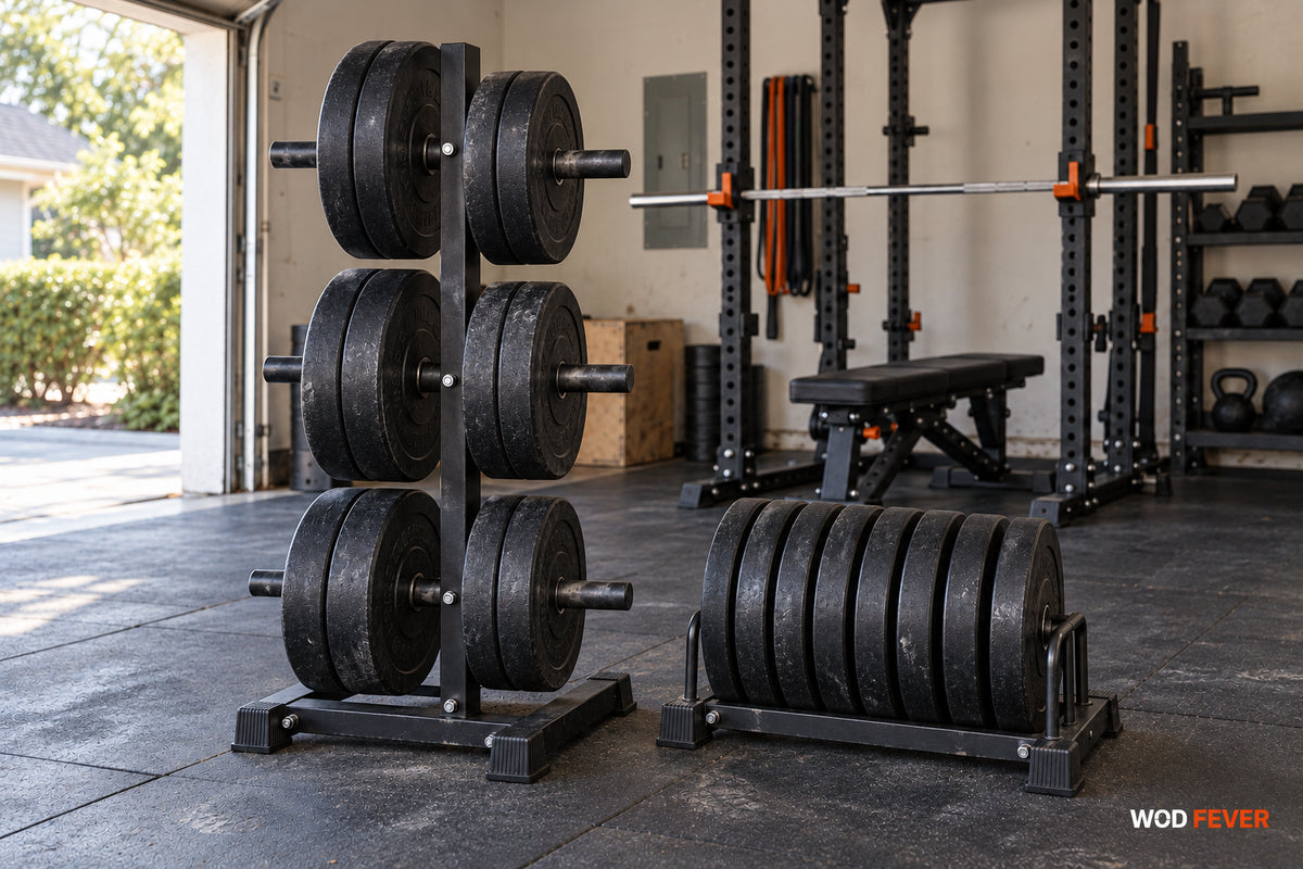 Black bumper plates organized on a plate tree and a horizontal floor rack in a daylit garage gym