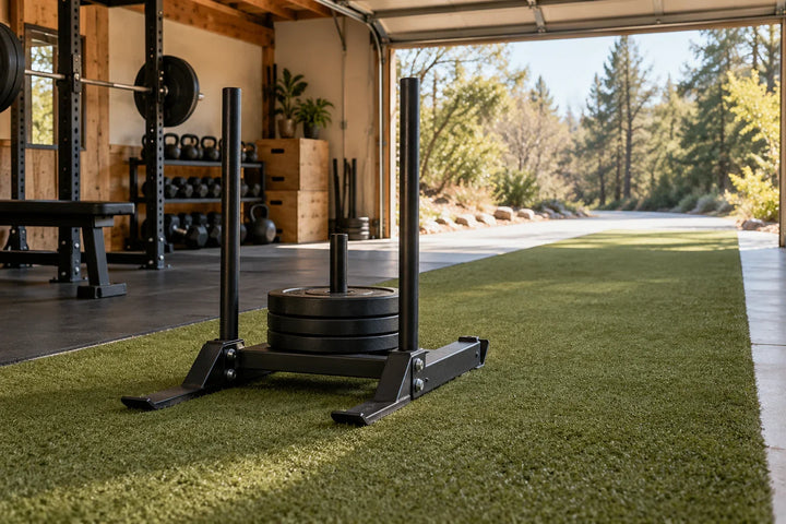 Illustrative unbranded push-pull sled on a garage-gym turf lane