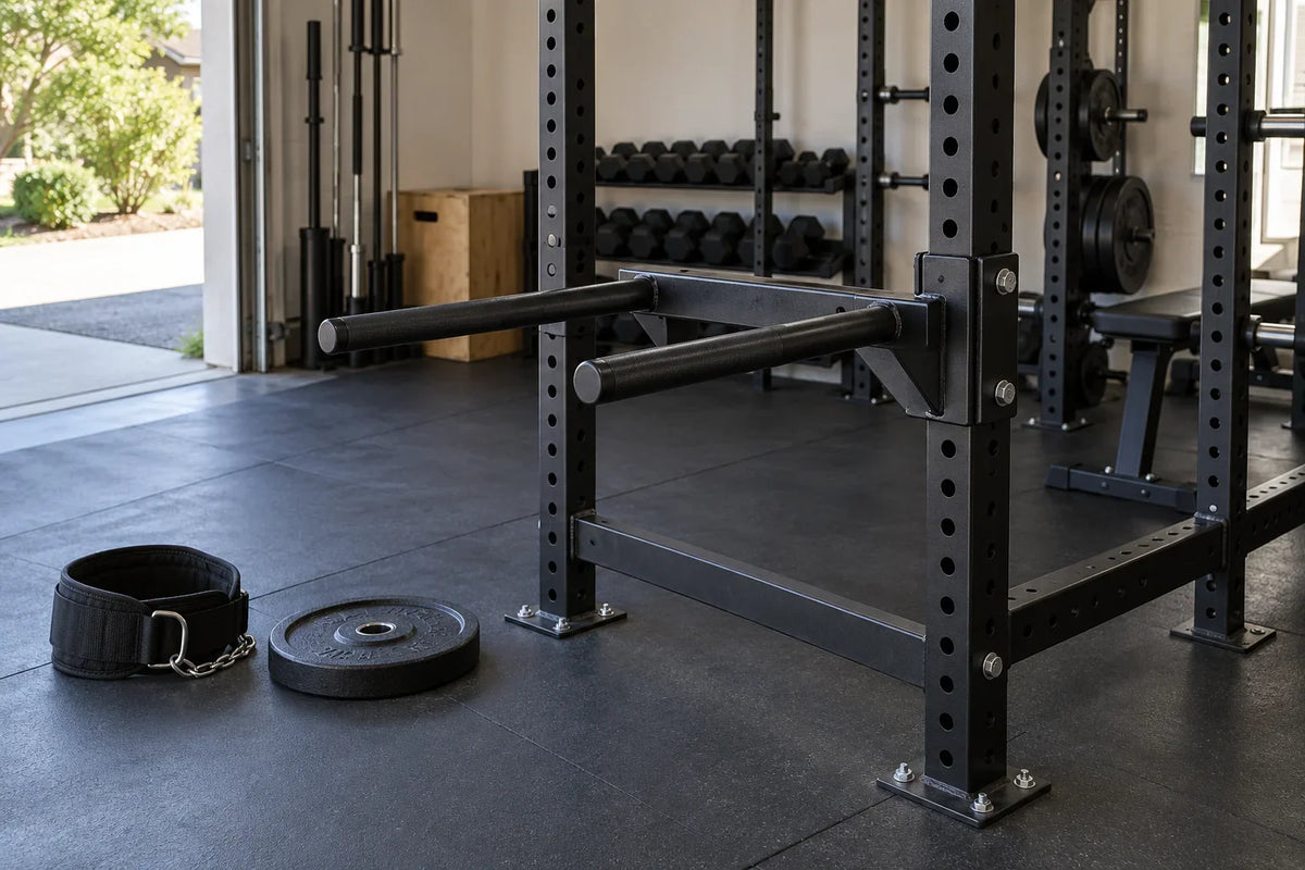 Illustrative rack-mounted dip handles with clear space underneath