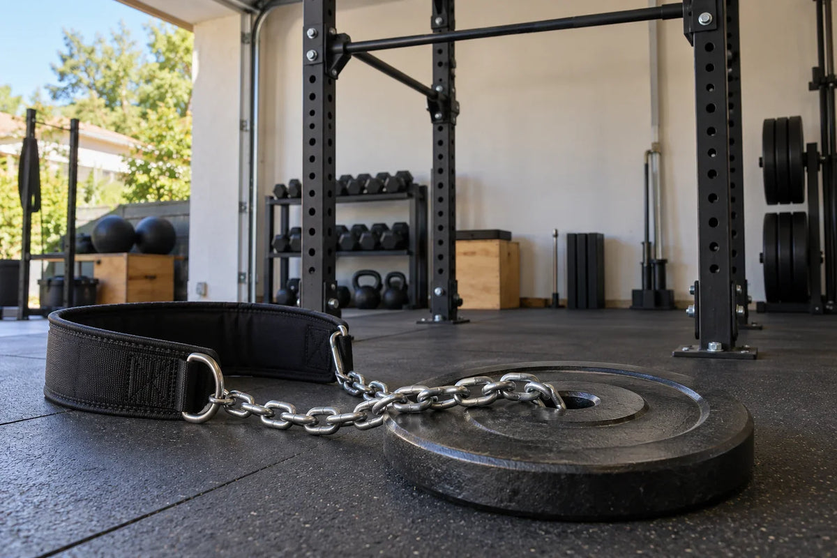 Dip belt, plate and rack illustrating a weighted pull-up loading setup