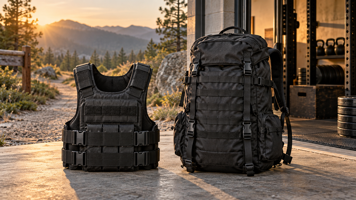 Weighted training vest and rucksack compared at a trailhead gym