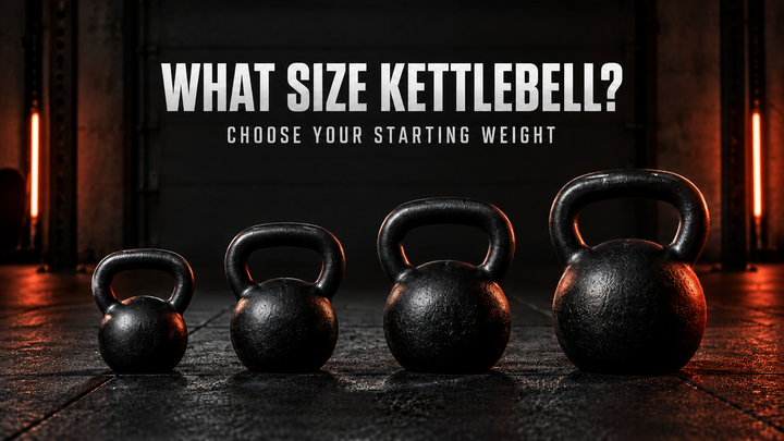 Four kettlebells increasing in size in a garage gym