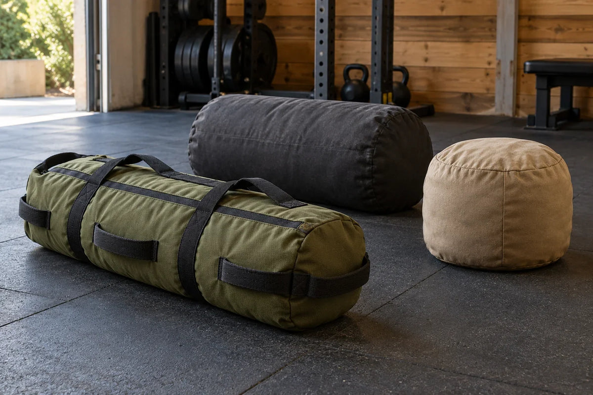 Illustrative handled, cylindrical and stone-style workout sandbags