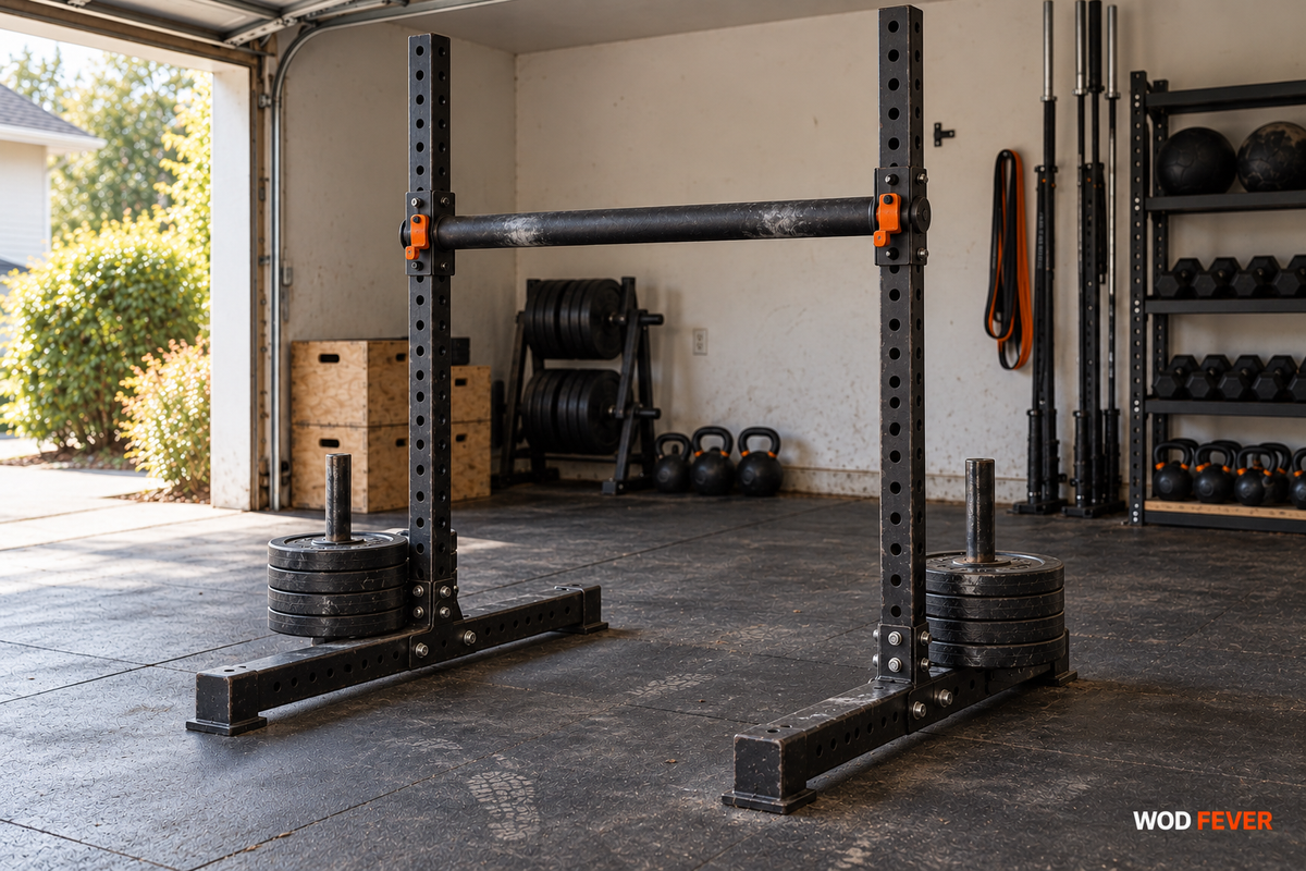 A two-upright strongman yoke with an adjustable crossbar and plate-loaded skid feet