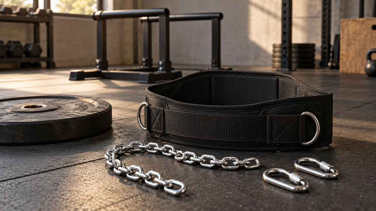 Generic dip belt, loading chain and carabiners beside a weight plate