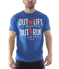 outlift-a-runner-outrun-a-lifter-mens-crossfit-shirt-royal-blue-white-and-red-print-front-by-rokfit