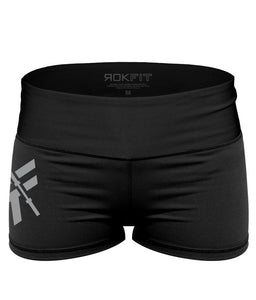 booty-shorts-2-inch-inseam-womens-crossfit-shorts-black-gray-logo-front-by-rokfit