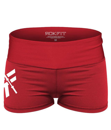 booty-shorts-2-inch-inseam-womens-crossfit-shorts-red-white-logo-front-by-rokfit