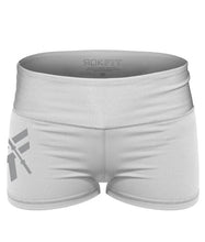 booty-shorts-2-inch-inseam-womens-crossfit-shorts-white-gray-logo-front-by-rokfit