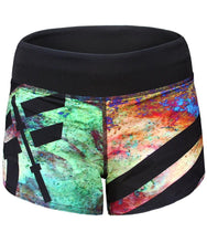 orion-performance-booty-shorts-crossfit-womens-shorts-teal-purple-pink-tan-abstract-black-accents-and-logos-front-by-rokfit