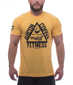 the-trifecta-bacon-coffee-fitness-heather-gold-mens-crossfit-shirt-front-by-rokfit